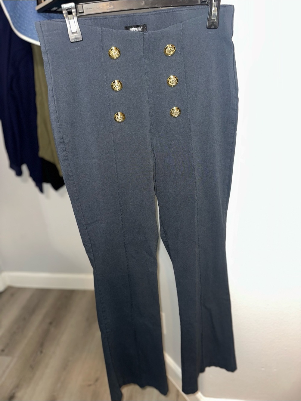 metrostyle Navy Blue High-Waist Button Front Trousers